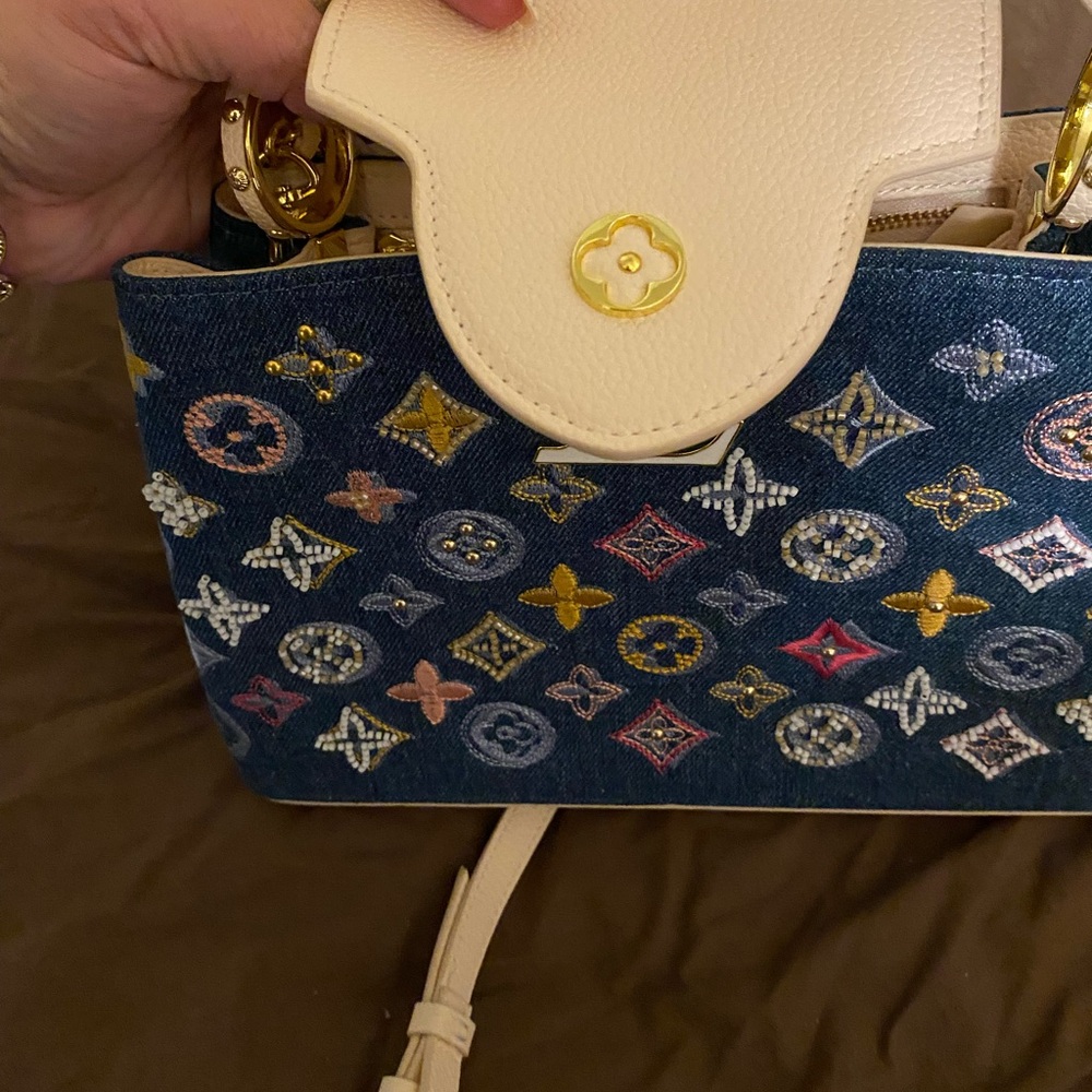 Louis Vuitton Denim Multicolor Monogram Top Handle Satchel with Cream Trim - Picture 5 of 9